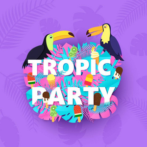 词热带党构成以创造性的粉红色蓝色丛林叶子冰淇淋并且鸟在紫色背景在剪纸样式。热带犀鸟海报, 旗帜, 传单 t恤印刷。向量