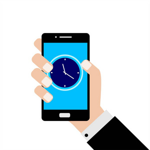 拿着时钟的智能手机的商人。时间的概念。平面设计, 矢量图解
