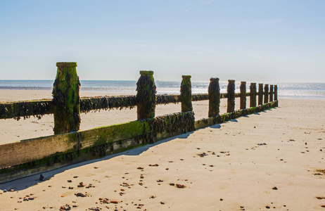英国苏塞克斯西部利特尔汉普顿沙滩上的木制丁坝。低潮