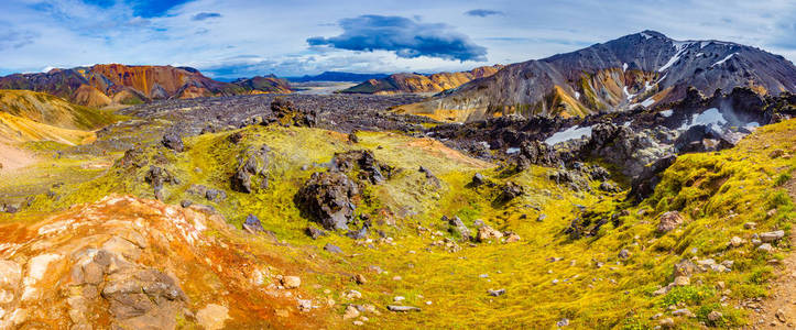 美丽多彩的火山山 Landmannalaugar 在冰岛, 夏季时间, 全景