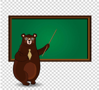 矢量插图可爱卡通熊老师在眼镜和领带持有指针站在黑板旁边, 在透明的背景上复制空间。回到学校或老师的天概念剪贴画