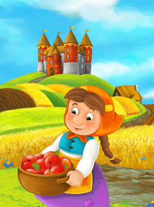 女性卡通人物藏品苹果在收获领域与城堡在背景上