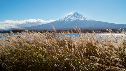 秋天在富士山，日本湖河口湖是在日本享受富士山风景最好的地方之一