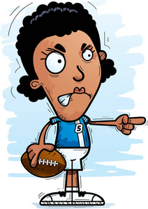 一个黑人女子足球运动员看起来愤怒和指向的卡通插图