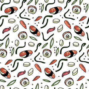 寿司, 卷, 海藻涂鸦风格无缝图案。亚洲美食