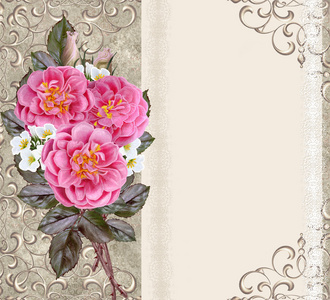 古老的明信片。旧样式。柔和的背景，邀请卡上的玫瑰的花束