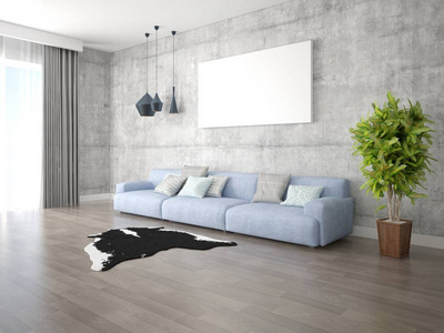 模拟一个明亮的客厅与一个大舒适的沙发和时尚的时髦背景