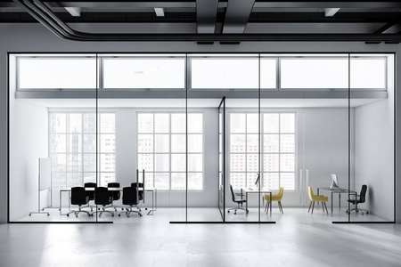 现代咨询公司办公室与白色墙壁, 一张白色地板和白色计算机桌站立在排与黑椅子在他们附近。工业风格。阁楼3d 渲染模拟