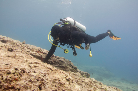 水肺潜水员探索珊瑚礁