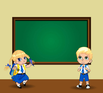 可爱的卡通学校的女孩和男孩穿着制服与背包附近清晰的黑板。矢量插图, 传单, 菜单, 模板, 回学校, 字符的概念。可爱小学