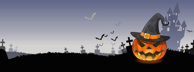 杰克 o 灯笼和巫婆帽子插图在浅灰色的天空墓地背景与空白为万圣节封面横幅问候