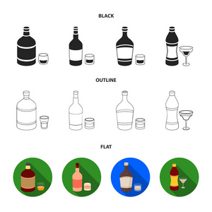 威士忌, 白酒, 朗姆酒, 苦艾酒。酒精集合图标在黑色, 平面, 轮廓样式矢量符号股票插画网站