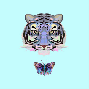 抽象老虎头和蝴蝶，聚低风格