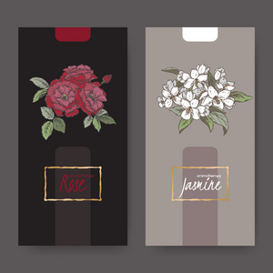 两个标签与大马士革玫瑰和茉莉花花束彩色素描