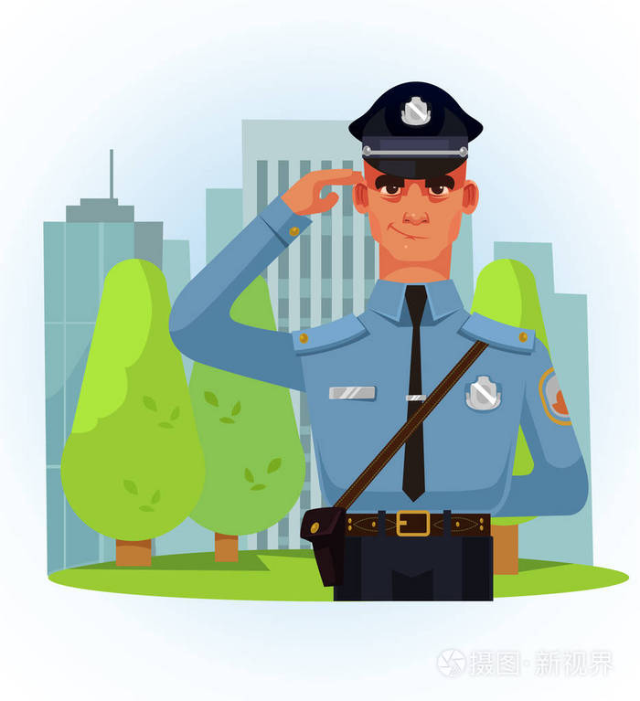 快乐微笑的警察字符问候与手敬礼.低矢量卡通插画