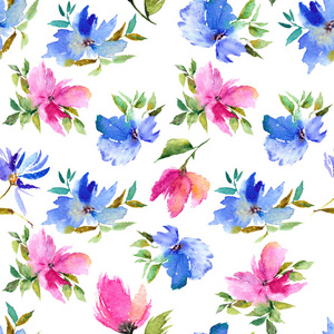无缝的花卉背景。织物花卉图案。纺织图案模板。粉红色和蓝色的花朵。水彩花的背景。婚庆请柬设计