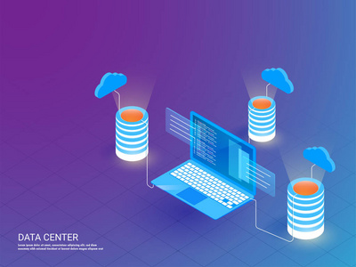数据中心平台概念, 三数据库或服务器的等距例证在闪亮的蓝色背景下与膝上型计算机连接