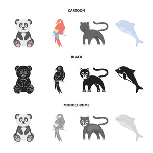 熊猫, popugay, 豹, 海豚。动物集合图标在卡通, 黑色, 单色风格矢量符号股票插画网站