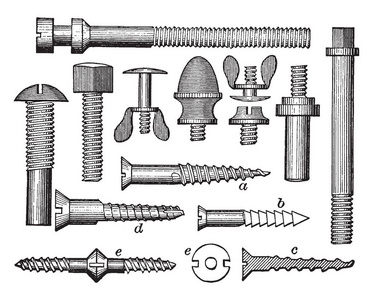 本插图代表用于马车制造和木工老式线绘制或雕刻插图的用于运输和木工的螺钉的收集。