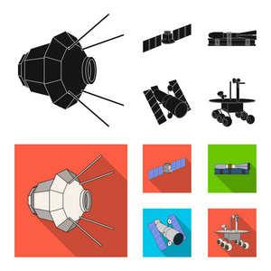 空间站在轨道上, 发射火箭的准备, 月球探测器的表面。空间技术集图标在黑色, 平面式矢量符号股票插图