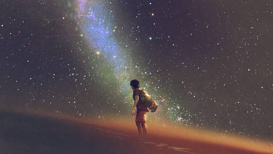 年轻人站在沙漠上, 仰望夜空, 繁星与银河, 数码艺术风格, 插画绘画
