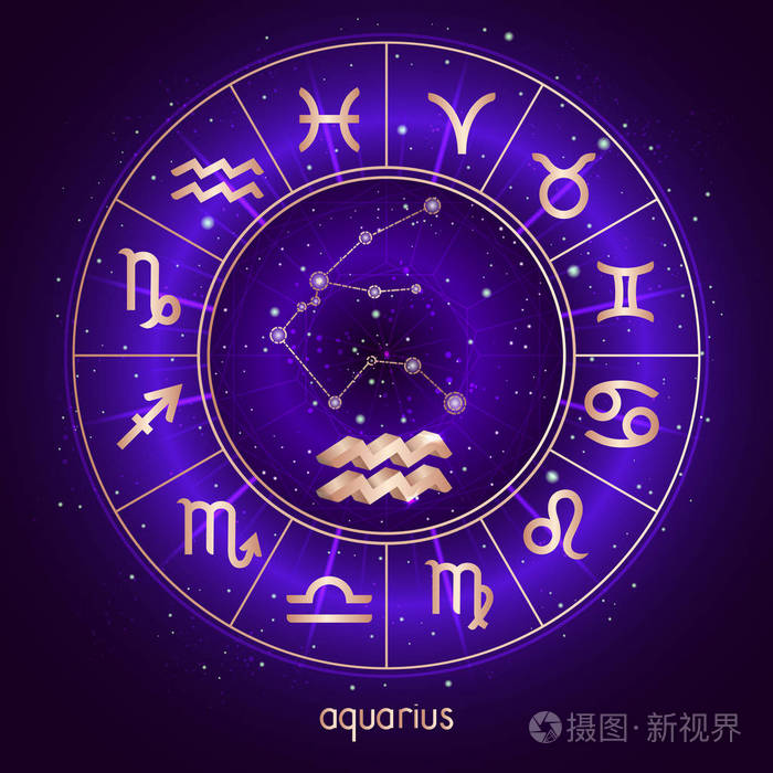 星座和星座水瓶座与星座和神圣的符号在星空的夜空背景与几何图案矢量