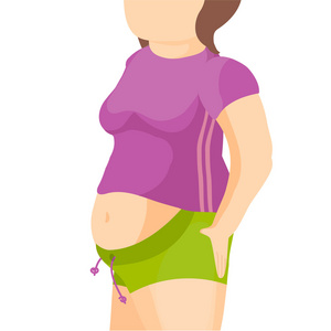 腹部脂肪，超重的女人与一个大肚皮。矢量图
