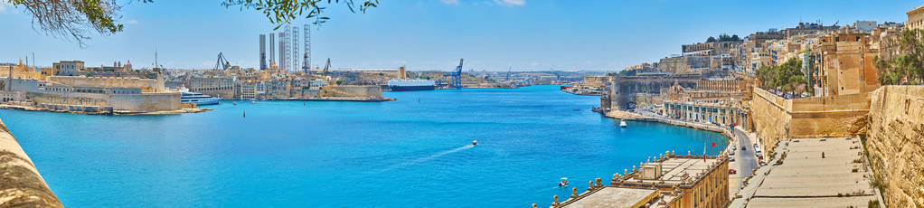森格莱阿和 Birgu, 马耳他海岸全景, 从采石场码头, 城墙, 海港水域, 设防城市