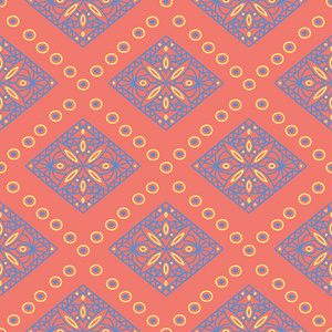 几何红色橙色无缝图案。明亮的背景以蓝色和黄色设计为墙纸纺织品和织品