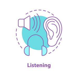 听力概念图标。听觉知觉想法薄线例证。听到。听音乐。矢量隔离轮廓图