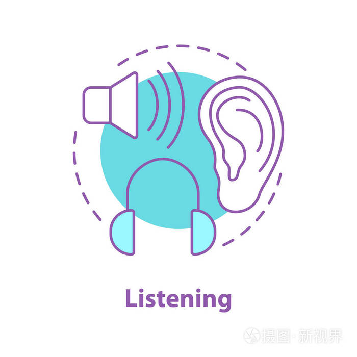 听力概念图标.听觉知觉想法薄线例证.听到.听音乐.矢量隔离轮廓图