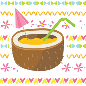 可爱的卡通儿童矢量插图与美味的甜夏季热带鸡尾酒在椰子上可爱的手画装饰品。时尚异国情调饮料