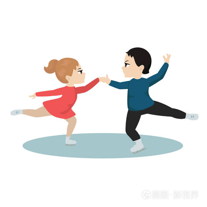 小花样滑冰运动员.男孩和女孩在冰上训练.卡通风格插画