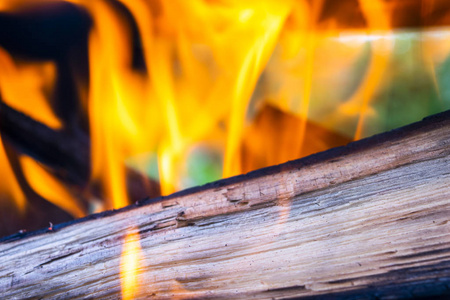 壁炉里烧木柴, 烧烤火, 木炭背景。木炭火与火花