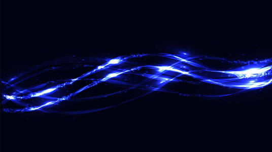 抽象的蓝色能量发光明亮斑驳的霓虹灯燃烧神奇美丽的身影模式从弯曲的宇宙线的波浪带。背景。矢量插图