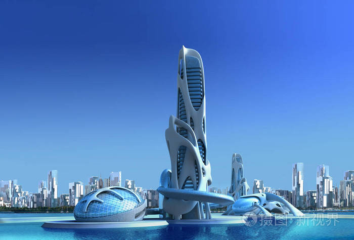 3d未来城市与一个有机高层建筑反对滨海天际线为幻想和科幻插图