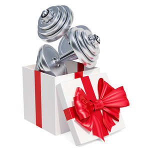 礼品概念, 哑铃内礼品盒。在白色背景上隔离3d 渲染