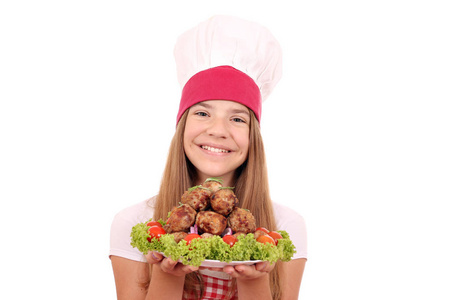 快乐小女孩厨师与肉丸