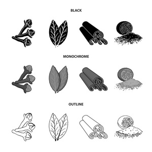 丁香, 月桂叶, 肉豆蔻, 肉桂。香草和香料集合图标在黑色, 单色, 轮廓样式矢量符号股票插图平