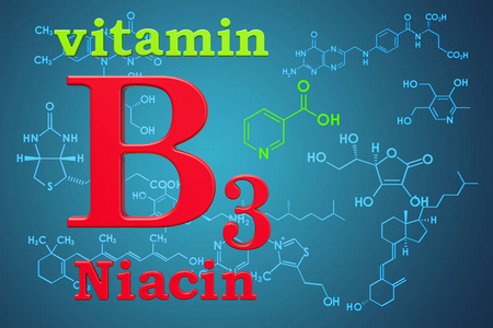 维他命 B3, 烟酸。化学配方, 分子结构。3d 渲染