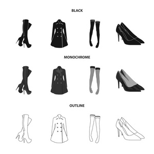 女装高靴, 纽扣, 丝袜, 带花纹的橡皮筋, 高跟鞋。女装套装集合图标黑色, 单色, 轮廓样式矢量符号股票