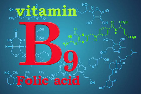 维生素 B9, 叶酸。化学配方, 分子结构。3d 渲染
