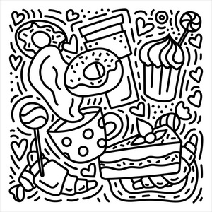 糖果涂鸦手画插图与甜甜圈, 牛角面包, 咖啡等