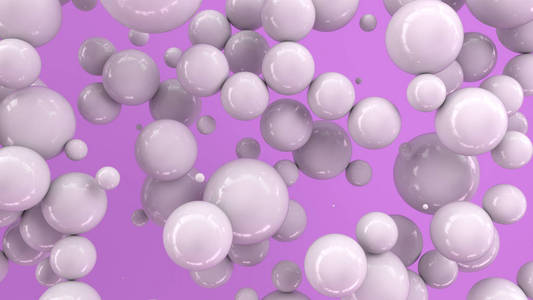紫色背景上随机大小的白色球体。抽象背景与圈子。墙前的圆云。3d 渲染插图