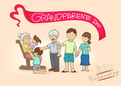 卡通祖父母和家庭与爱, 多颜色, 明亮的背景颜色