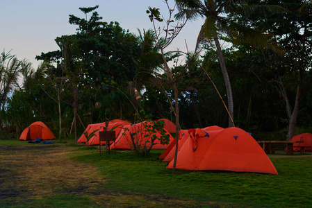 热带森林下的露营和红色帐篷。旅游帐篷露营在海岸。海边一座美丽的草坪上放着一顶明亮的红色帐篷。放松户外娱乐的概念。旅行和休息