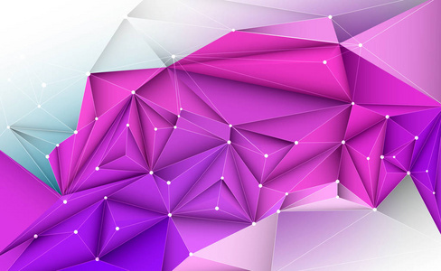 矢量3d 图解几何, 多边形, 线, 三角形图案与分子结构。带蓝色紫色的多边形, 红色背景。抽象科学, 未来主义, 网络连接概念