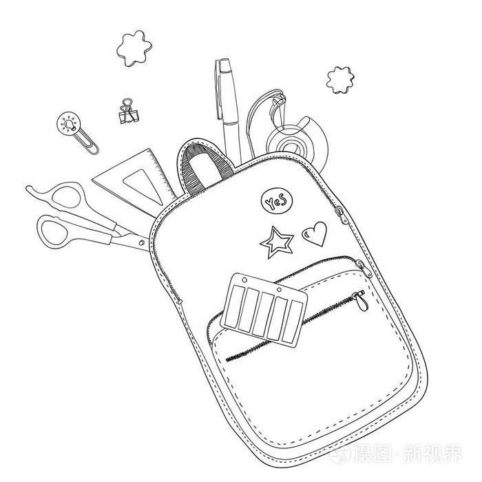 在粉红色背景下用学校文具做的纸制创意书包.时尚理念
