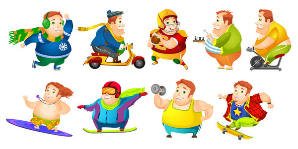 矢量集有趣的胖子运动插图。