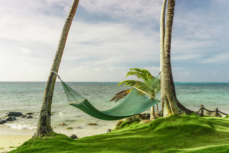 放松的概念, 美丽的热带海滩与吊床在棕榈